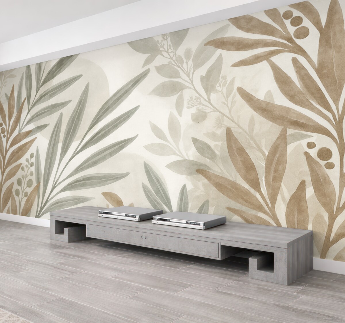 Fototapeta Neutralny, abstrakcyjny wzór z kwiatami, w którym na siebie nachodzą liście oraz kształty w odcieniach szarości, bieli i beżowym.