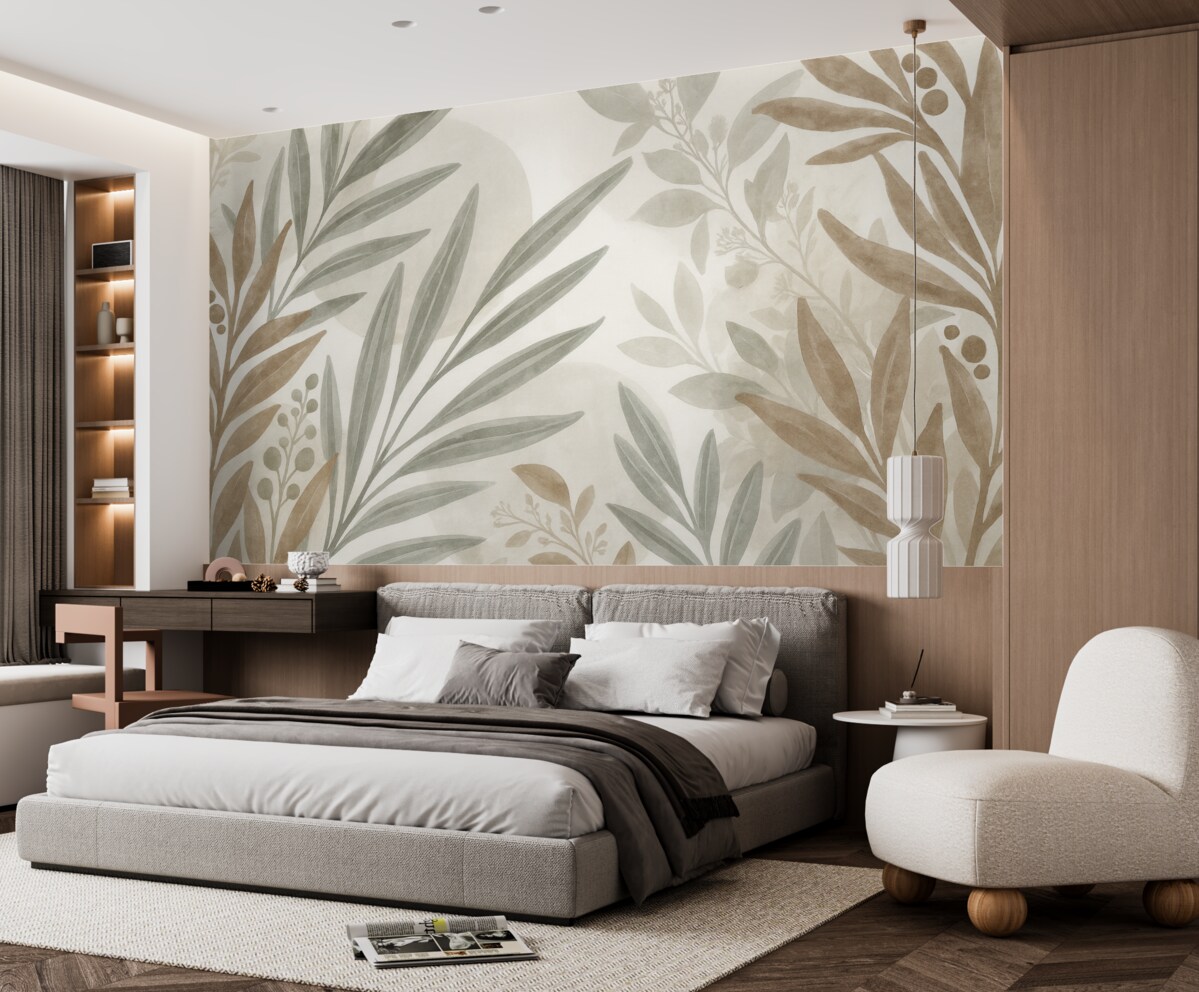 Fototapeta Neutralny, abstrakcyjny wzór z kwiatami, w którym na siebie nachodzą liście oraz kształty w odcieniach szarości, bieli i beżowym.