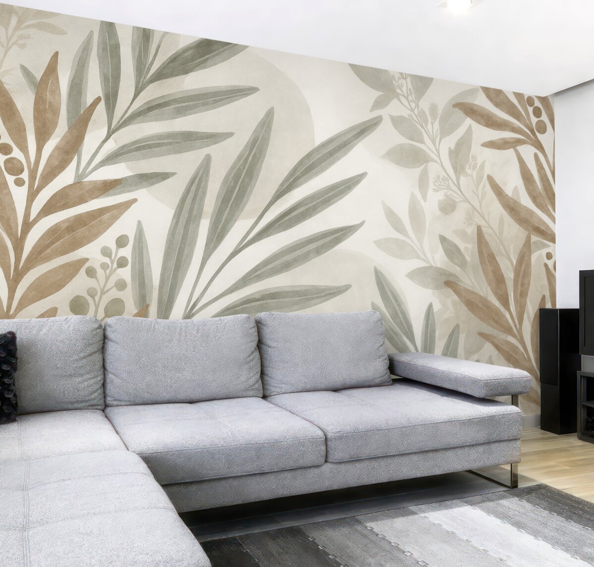 Fototapeta Neutralny, abstrakcyjny wzór z kwiatami, w którym na siebie nachodzą liście oraz kształty w odcieniach szarości, bieli i beżowym.