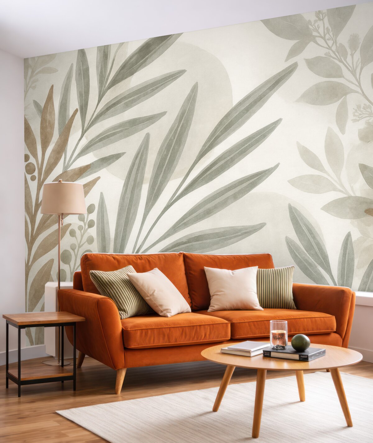 Fototapeta Neutralny, abstrakcyjny wzór z kwiatami, w którym na siebie nachodzą liście oraz kształty w odcieniach szarości, bieli i beżowym.