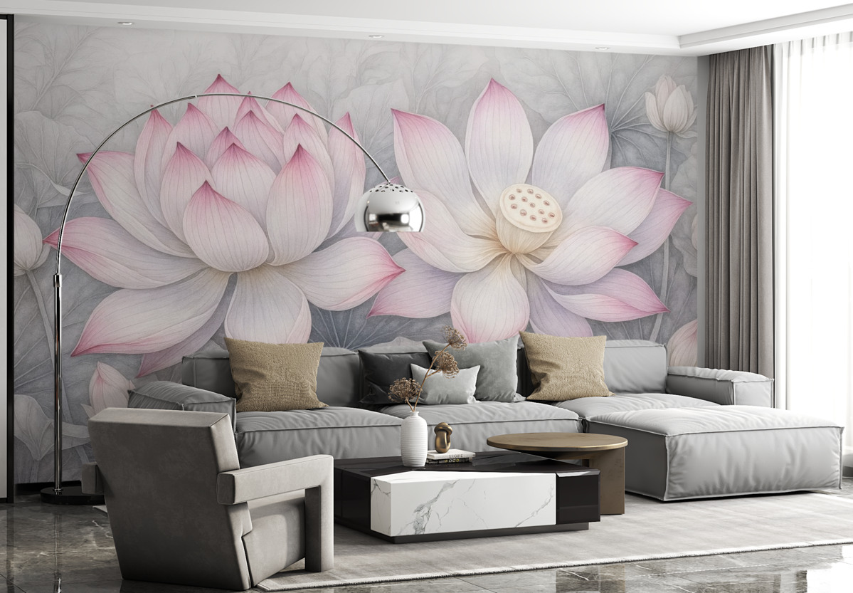 Fototapeta Kilka szczegółowo teksturowanych dużych różowych kwiatów lilii wodnej z szaro-zielonymi liśćmi i łodygami na jasnym tle.