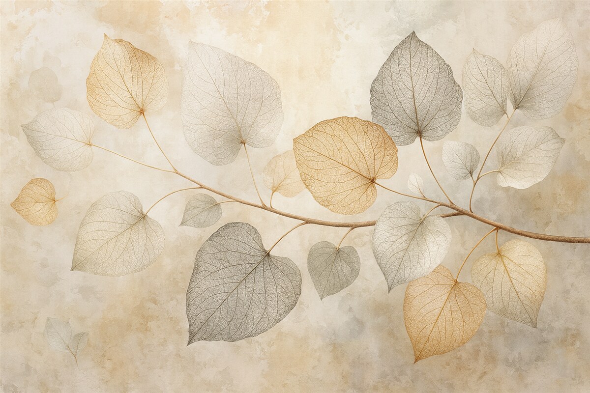 Fototapeta Subtelne liście z wyszukanymi żyłkami oraz delikatnymi, przytłumionymi odcieniami na jasnym, fakturowanym tle.