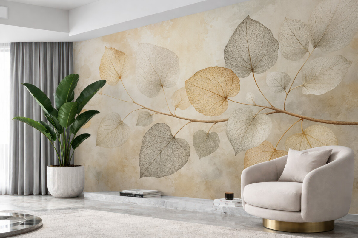 Fototapeta Subtelne liście z wyszukanymi żyłkami oraz delikatnymi, przytłumionymi odcieniami na jasnym, fakturowanym tle.
