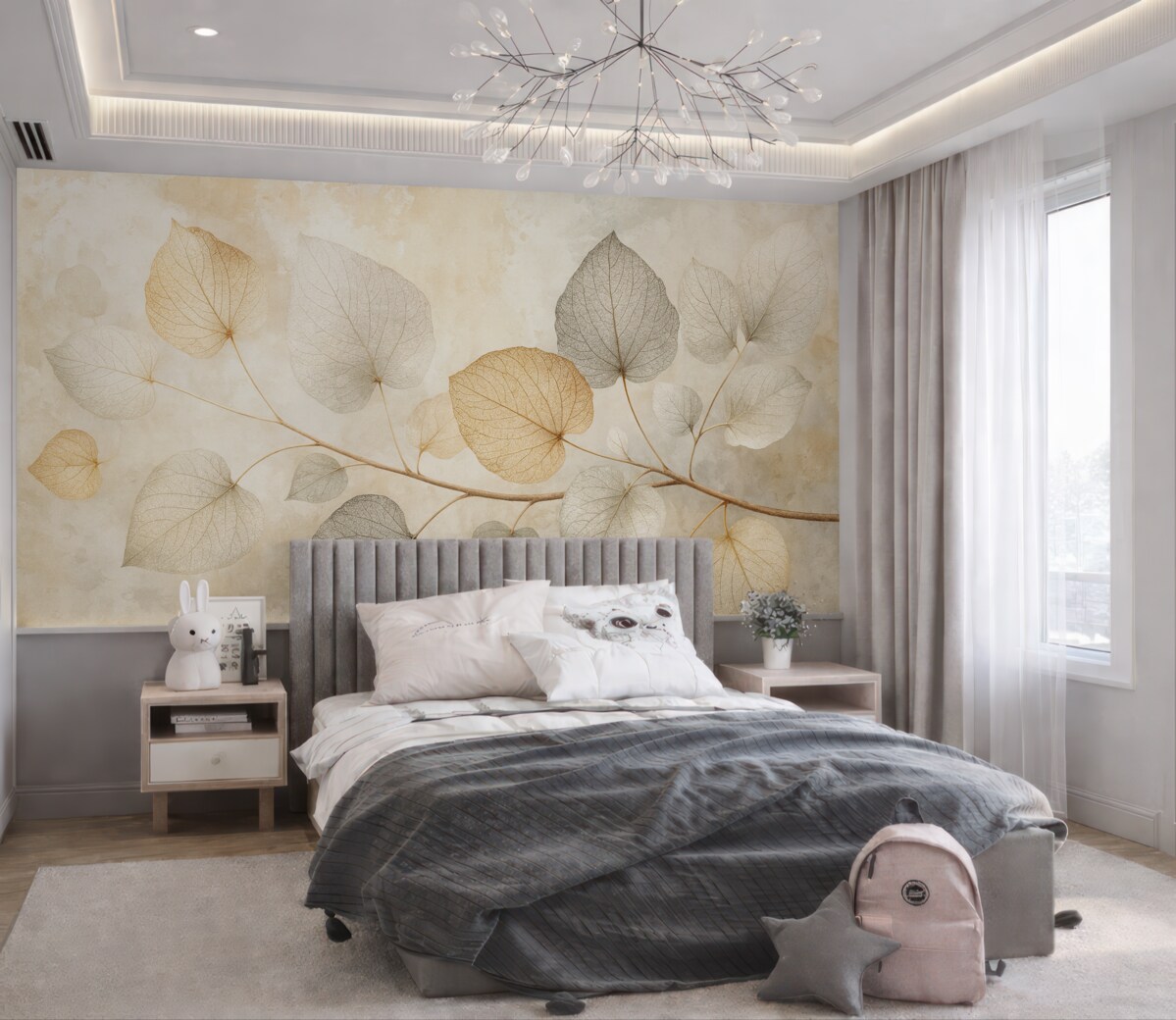 Fototapeta Subtelne liście z wyszukanymi żyłkami oraz delikatnymi, przytłumionymi odcieniami na jasnym, fakturowanym tle.