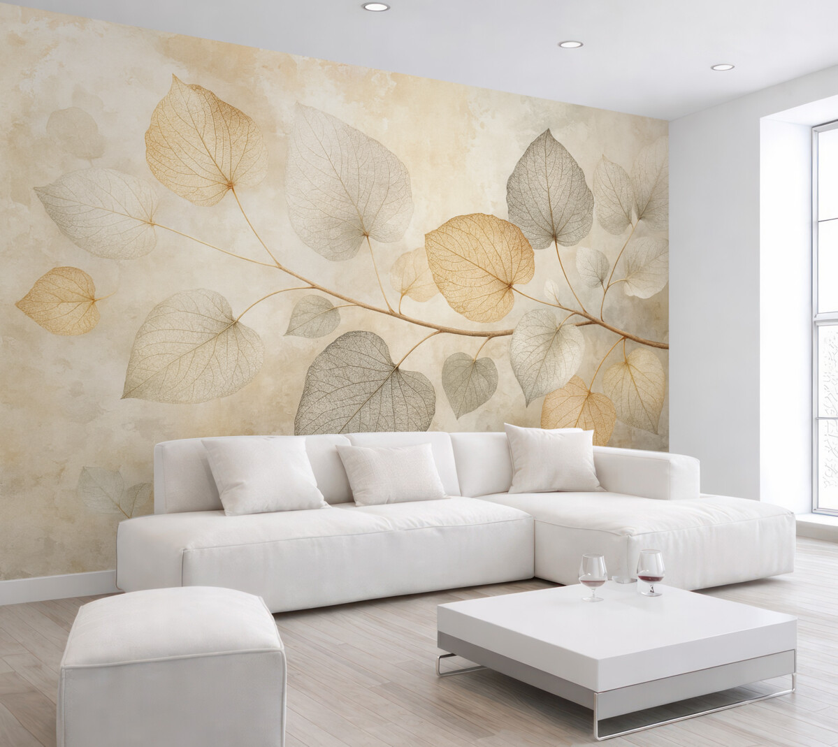 Fototapeta Subtelne liście z wyszukanymi żyłkami oraz delikatnymi, przytłumionymi odcieniami na jasnym, fakturowanym tle.