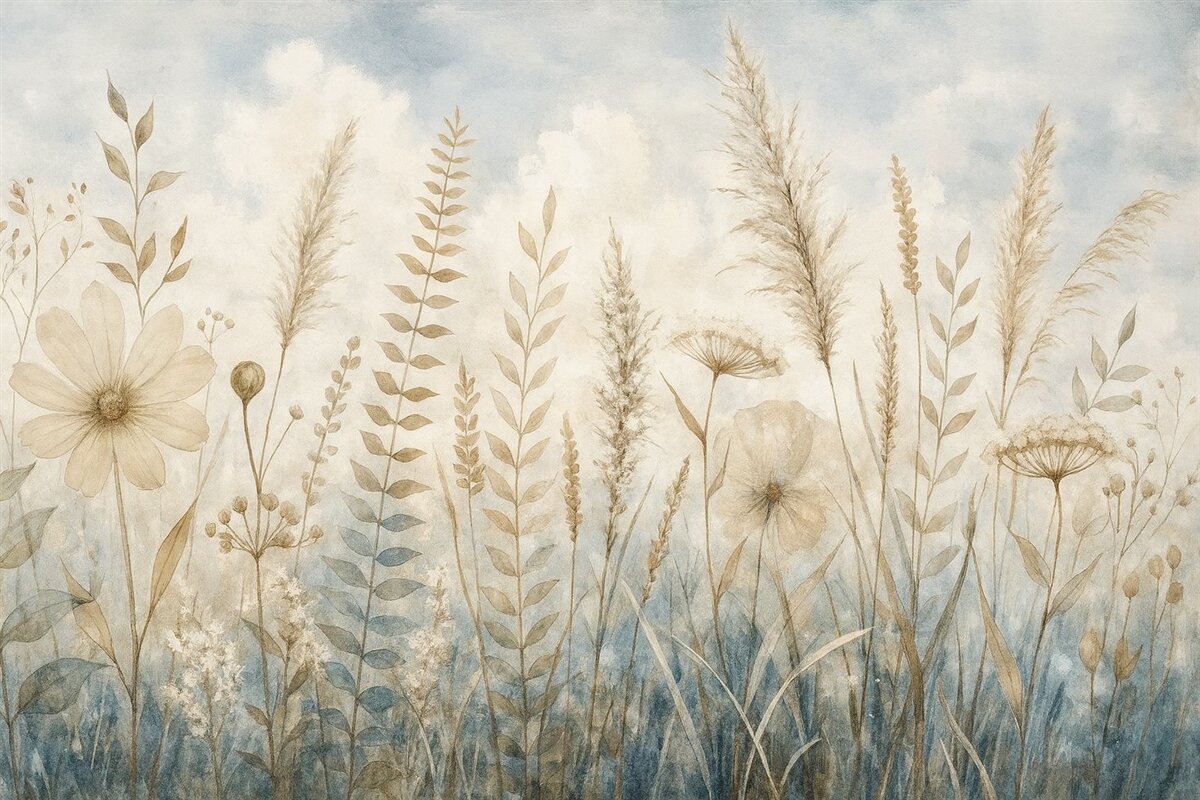 Fototapeta Łąka porośnięta wysoką trawą, naturalnymi liśćmi oraz roślinami o miękkich, subtelnych fakturach na tle mglistego, pochmurnego nieba.