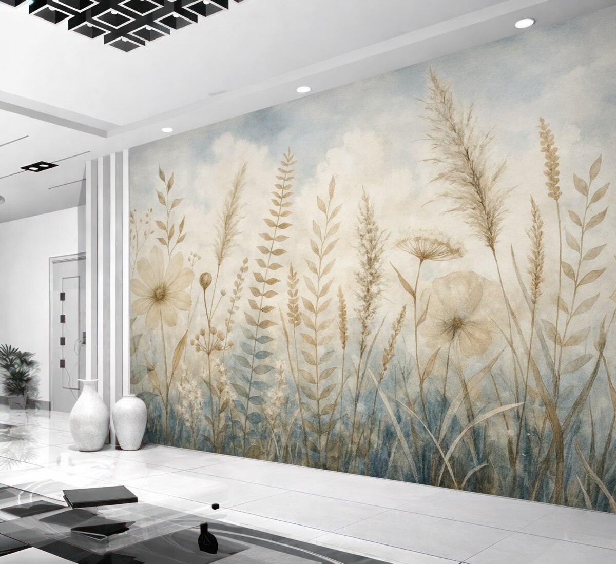 Fototapeta Łąka porośnięta wysoką trawą, naturalnymi liśćmi oraz roślinami o miękkich, subtelnych fakturach na tle mglistego, pochmurnego nieba.