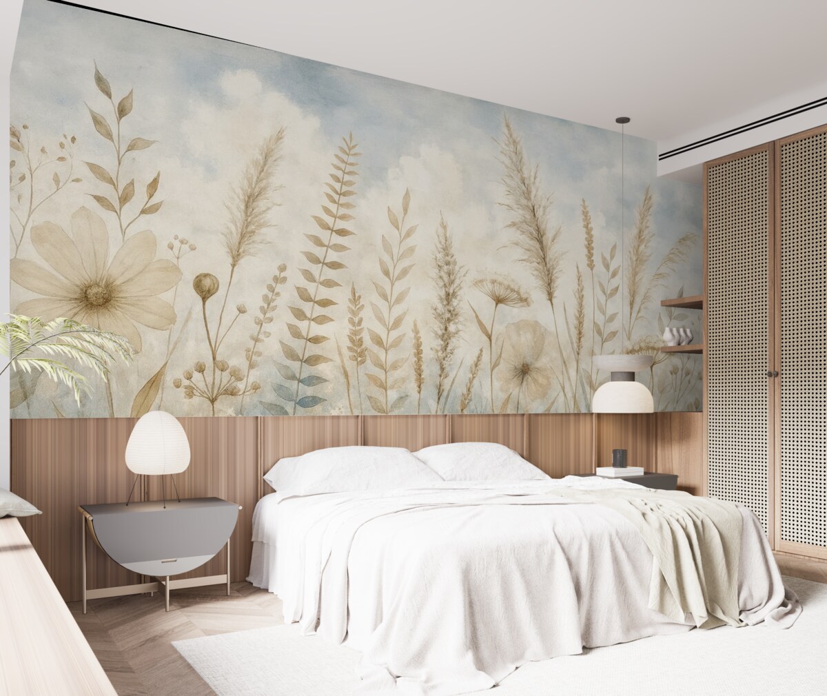 Fototapeta Łąka porośnięta wysoką trawą, naturalnymi liśćmi oraz roślinami o miękkich, subtelnych fakturach na tle mglistego, pochmurnego nieba.