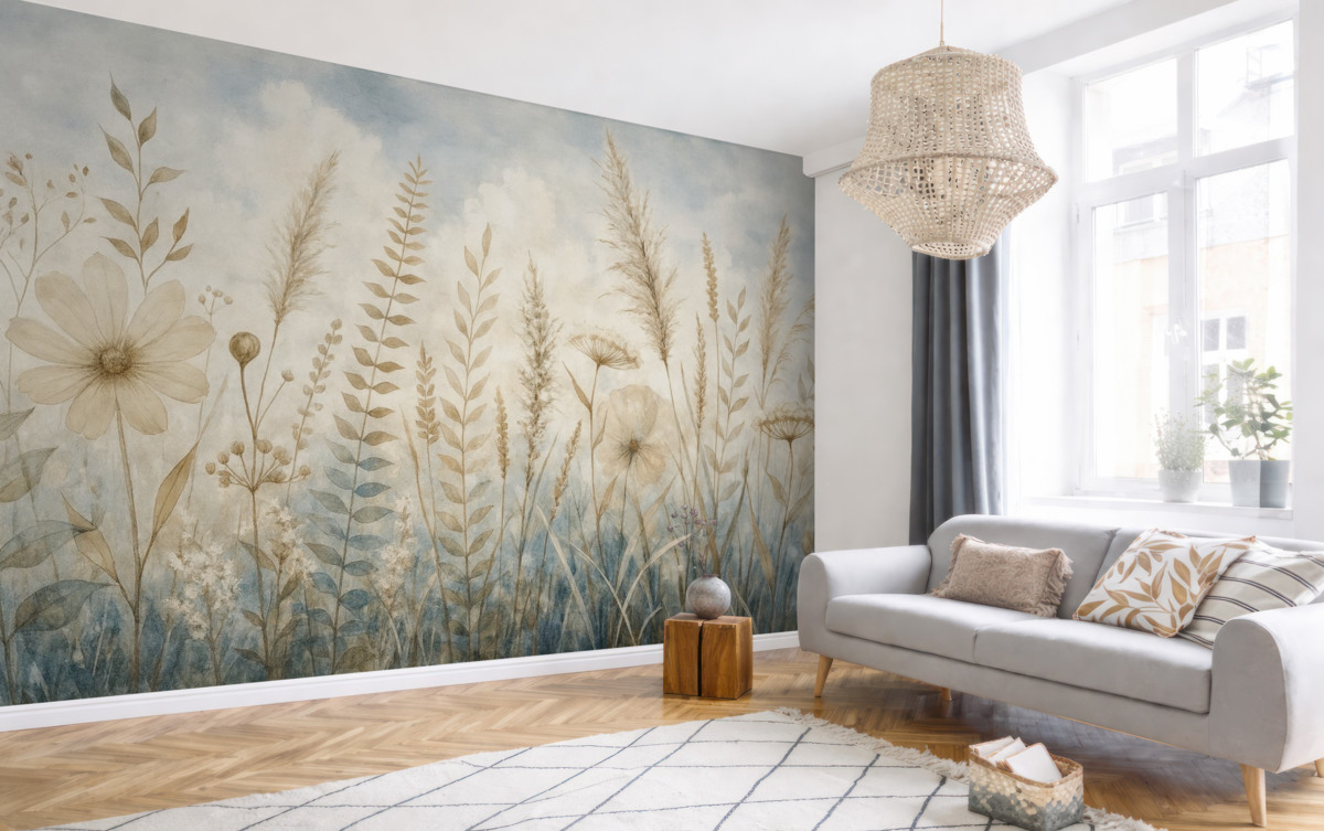 Fototapeta Łąka porośnięta wysoką trawą, naturalnymi liśćmi oraz roślinami o miękkich, subtelnych fakturach na tle mglistego, pochmurnego nieba.