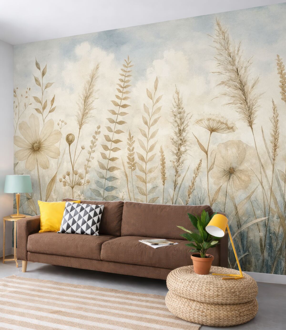 Fototapeta Łąka porośnięta wysoką trawą, naturalnymi liśćmi oraz roślinami o miękkich, subtelnych fakturach na tle mglistego, pochmurnego nieba.