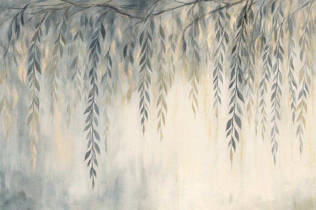 Fototapeta Gałęzie wierzby z subtelnymi liśćmi opadającymi w dół na miękkim, rozmytym, fakturowanym tle.