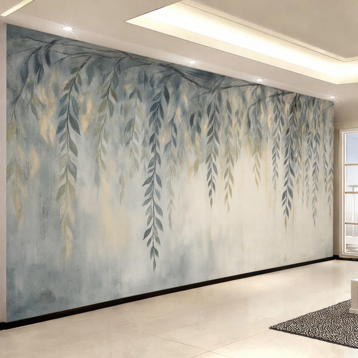 Fototapeta Gałęzie wierzby z subtelnymi liśćmi opadającymi w dół na miękkim, rozmytym, fakturowanym tle.