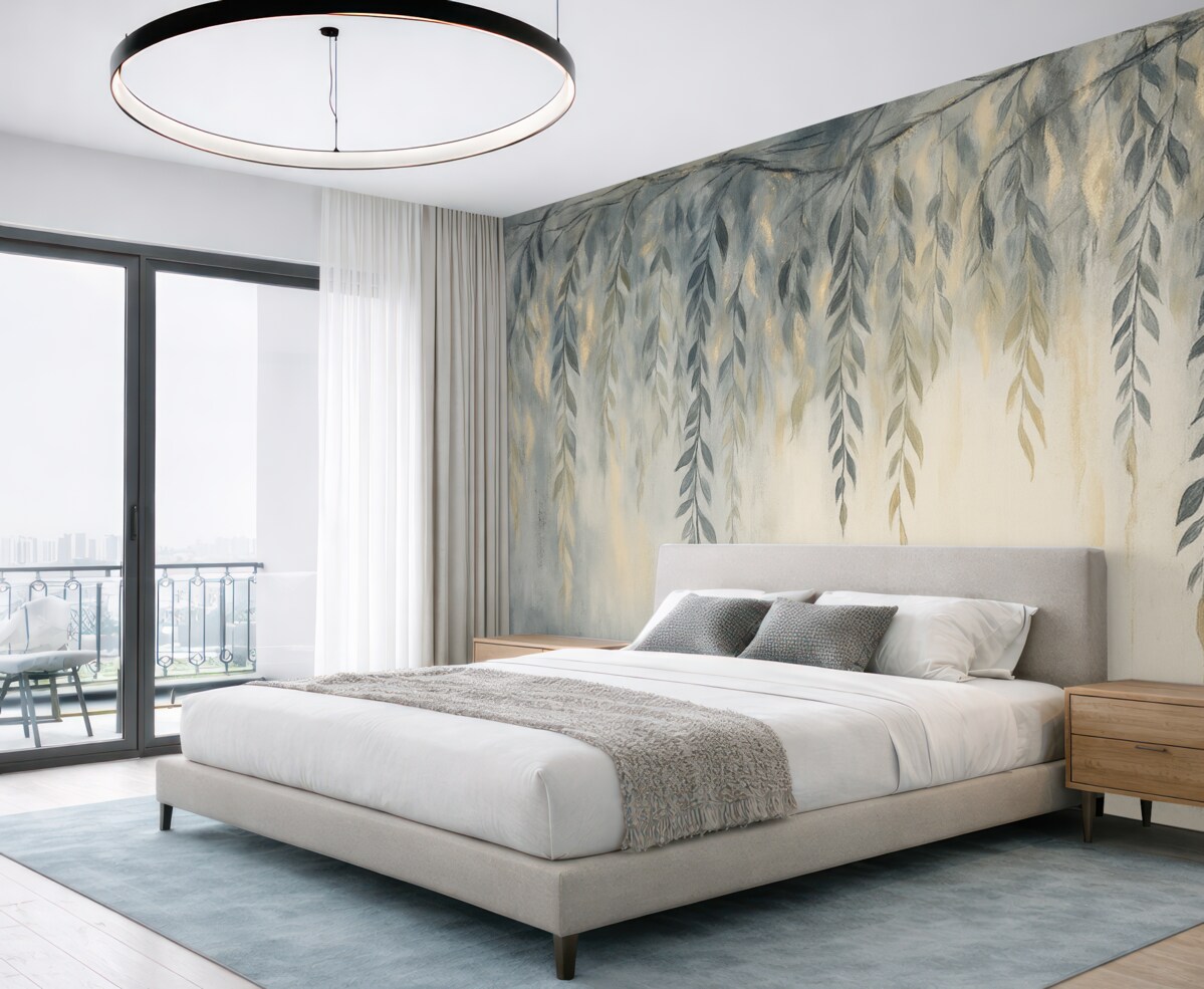 Fototapeta Gałęzie wierzby z subtelnymi liśćmi opadającymi w dół na miękkim, rozmytym, fakturowanym tle.