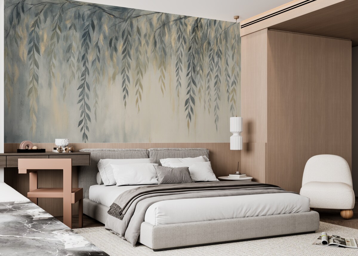 Fototapeta Gałęzie wierzby z subtelnymi liśćmi opadającymi w dół na miękkim, rozmytym, fakturowanym tle.