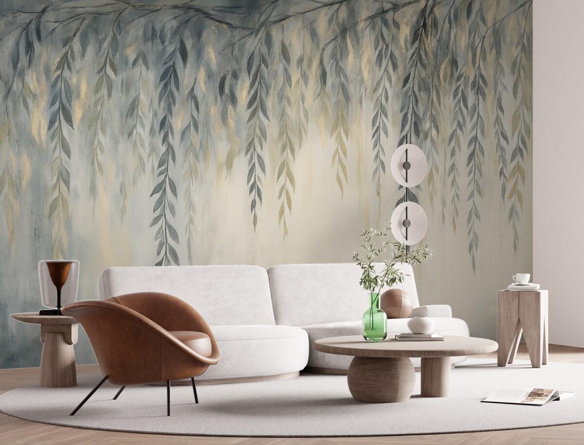 Fototapeta Gałęzie wierzby z subtelnymi liśćmi opadającymi w dół na miękkim, rozmytym, fakturowanym tle.