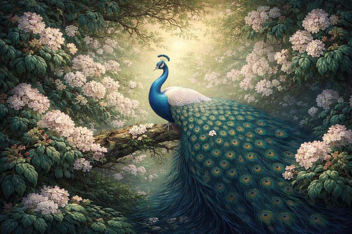 Fototapeta Wspaniały paw na konarach wśród drobnych kwiatków.