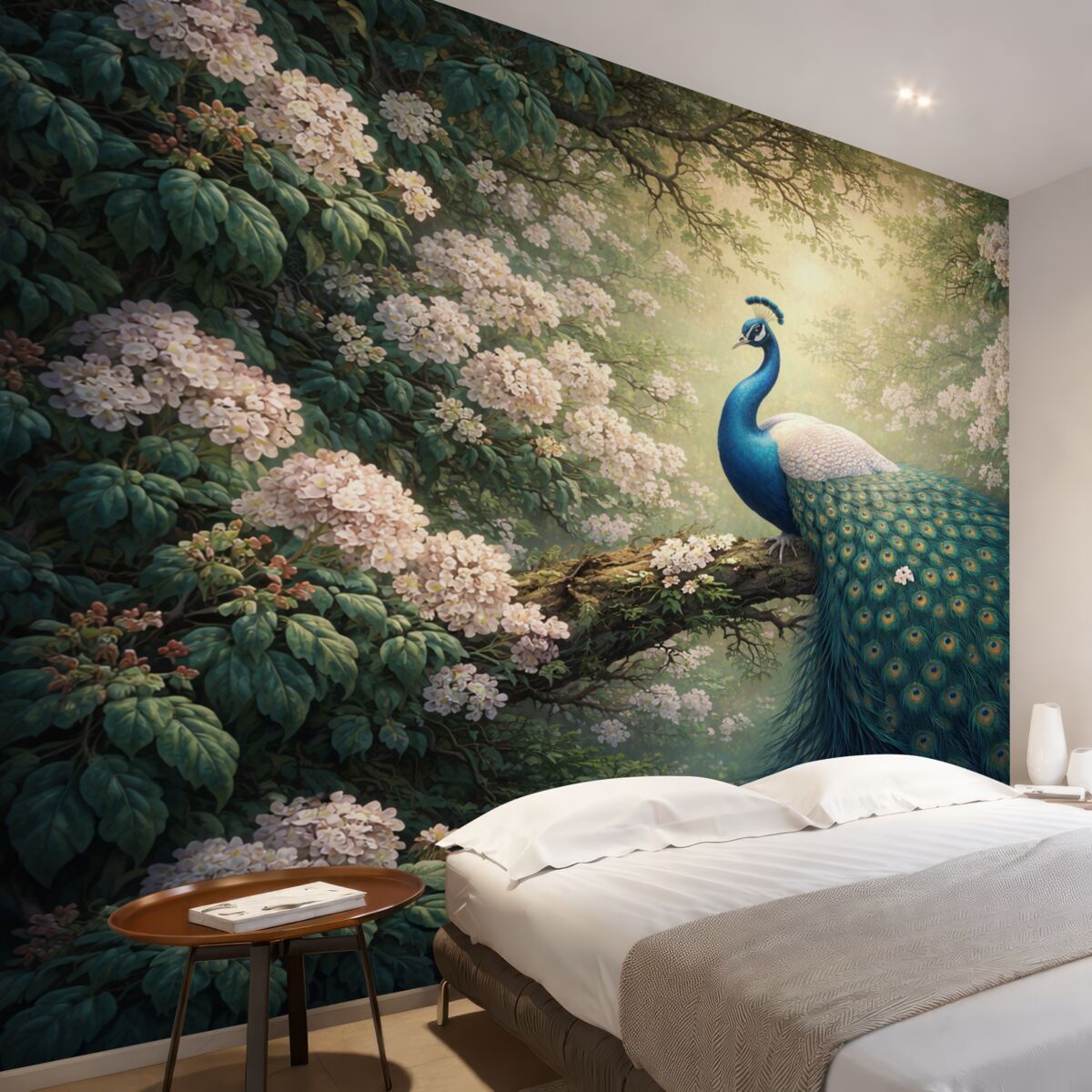 Fototapeta Wspaniały paw na konarach wśród drobnych kwiatków.