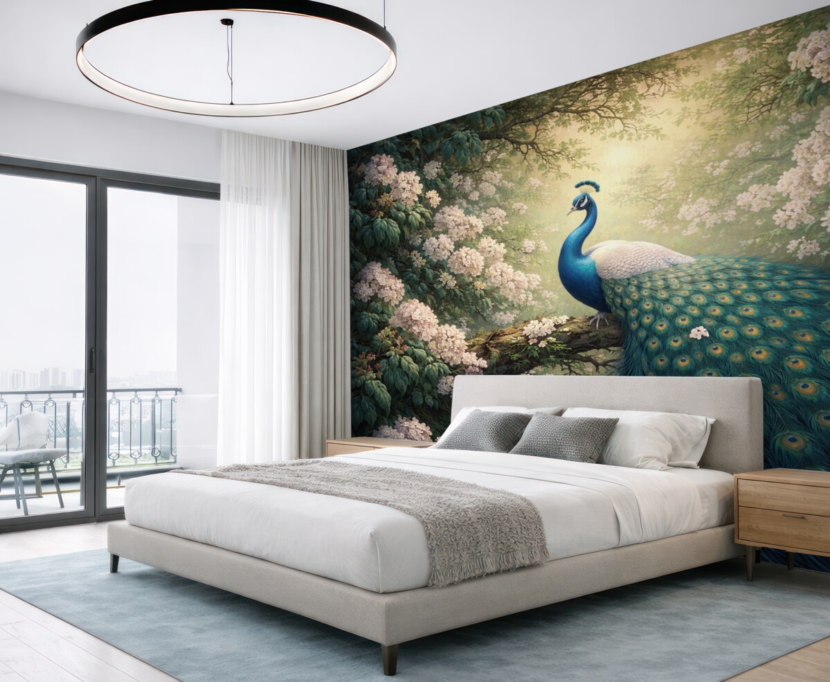 Fototapeta Wspaniały paw na konarach wśród drobnych kwiatków.