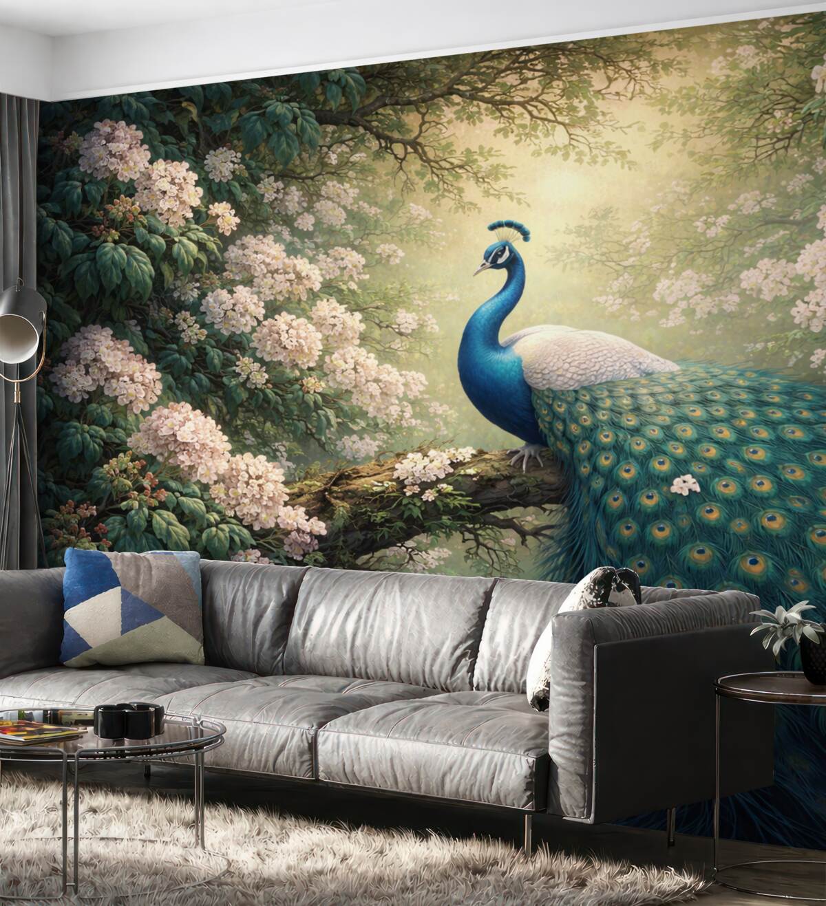 Fototapeta Wspaniały paw na konarach wśród drobnych kwiatków.