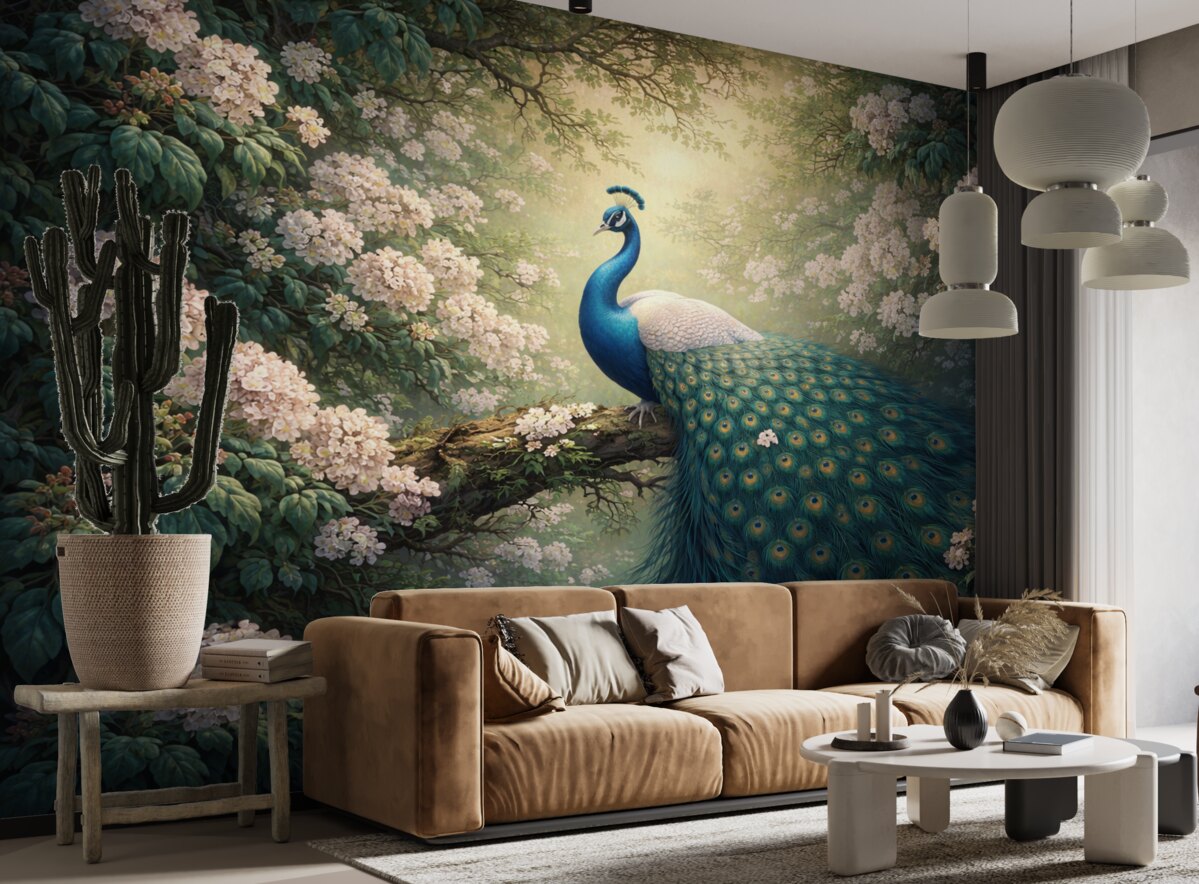 Fototapeta Wspaniały paw na konarach wśród drobnych kwiatków.