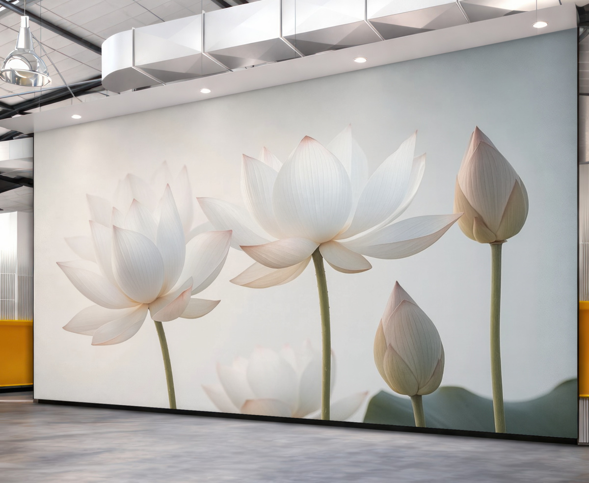 Fototapeta Wrażliwe kwiaty lotosu z liśćmi i płatkami.