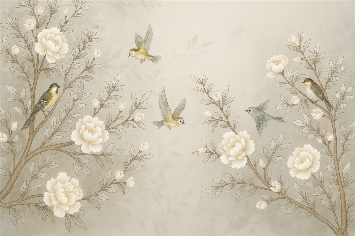 Fototapeta Gałęzie z różami i fruwającymi ptakami w jasnych kolorach.