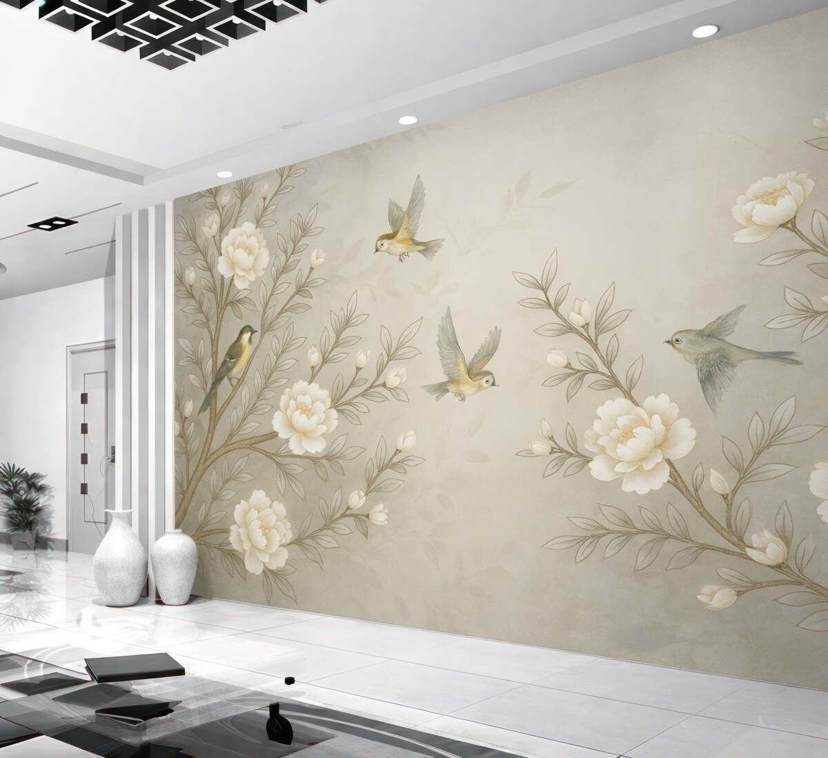 Fototapeta Gałęzie z różami i fruwającymi ptakami w jasnych kolorach.