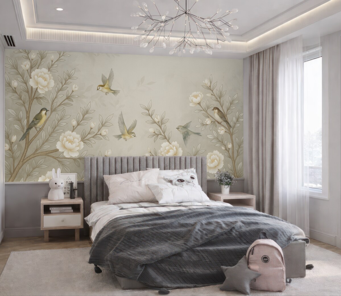 Fototapeta Gałęzie z różami i fruwającymi ptakami w jasnych kolorach.