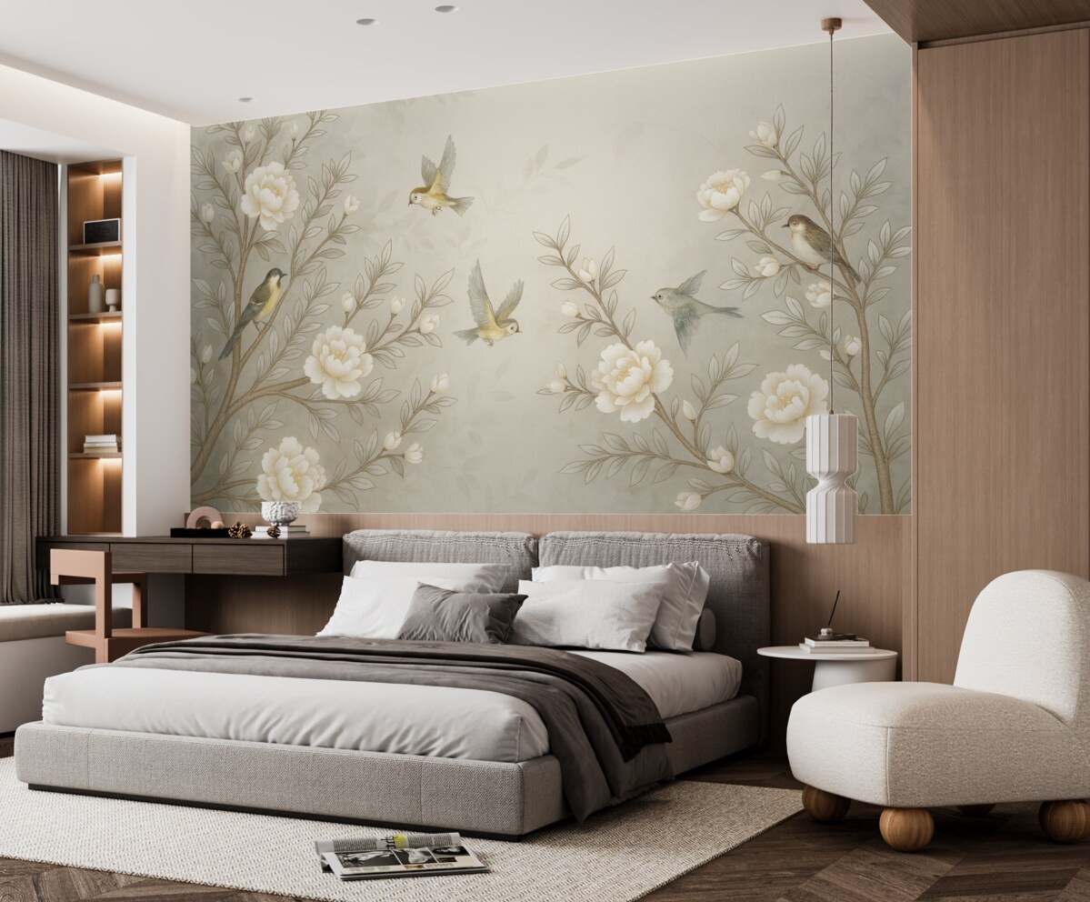 Fototapeta Gałęzie z różami i fruwającymi ptakami w jasnych kolorach.