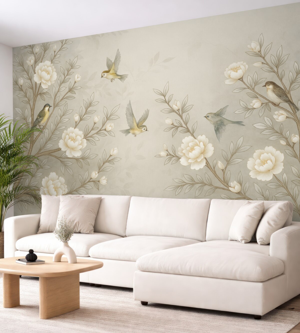 Fototapeta Gałęzie z różami i fruwającymi ptakami w jasnych kolorach.