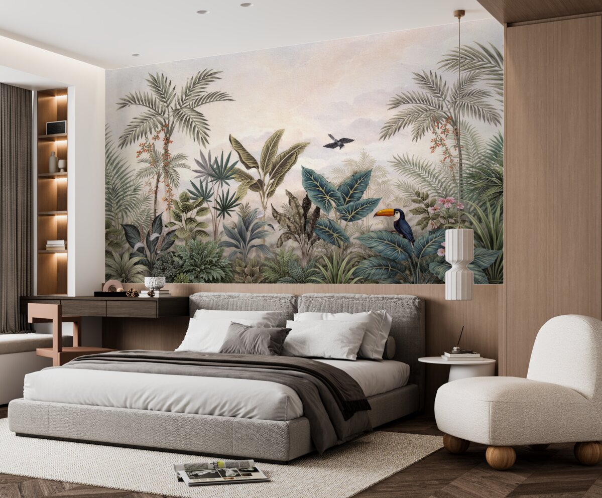 Fototapeta Tropikalna puszcza z palmami i barwnymi ptakami.