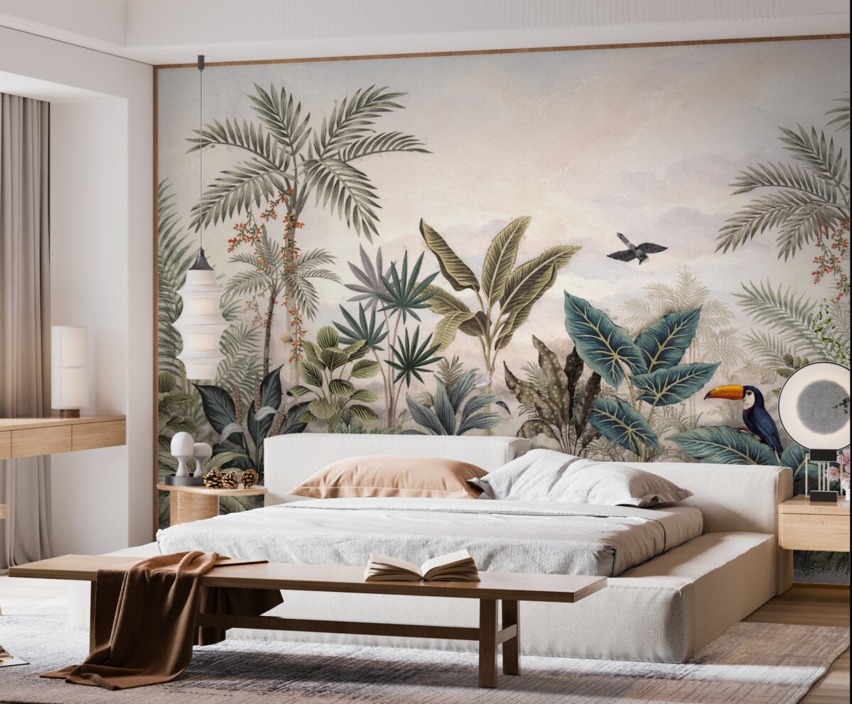 Fototapeta Tropikalna puszcza z palmami i barwnymi ptakami.