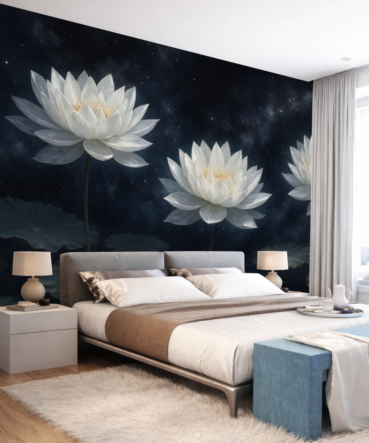 Fototapeta Trzy kwiaty lotosu na mrocznym tle.