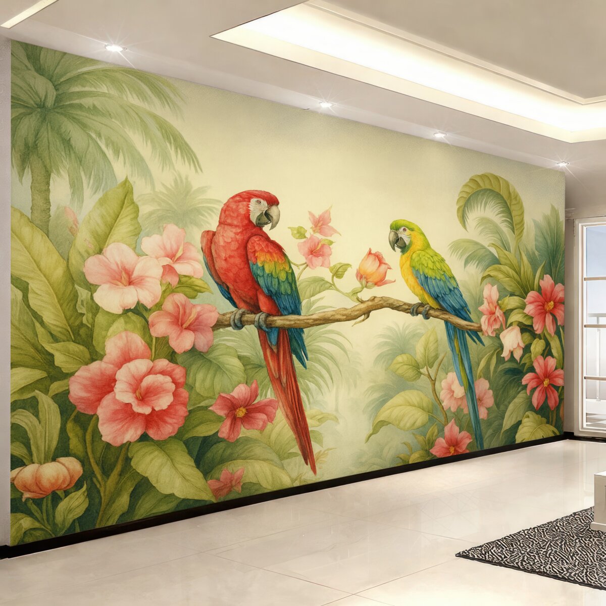 Fototapeta Dwa papugi w tropikalnych krzewach.