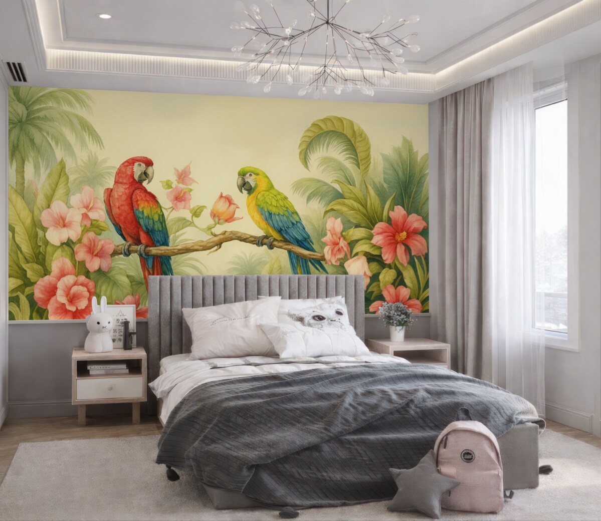 Fototapeta Dwa papugi w tropikalnych krzewach.