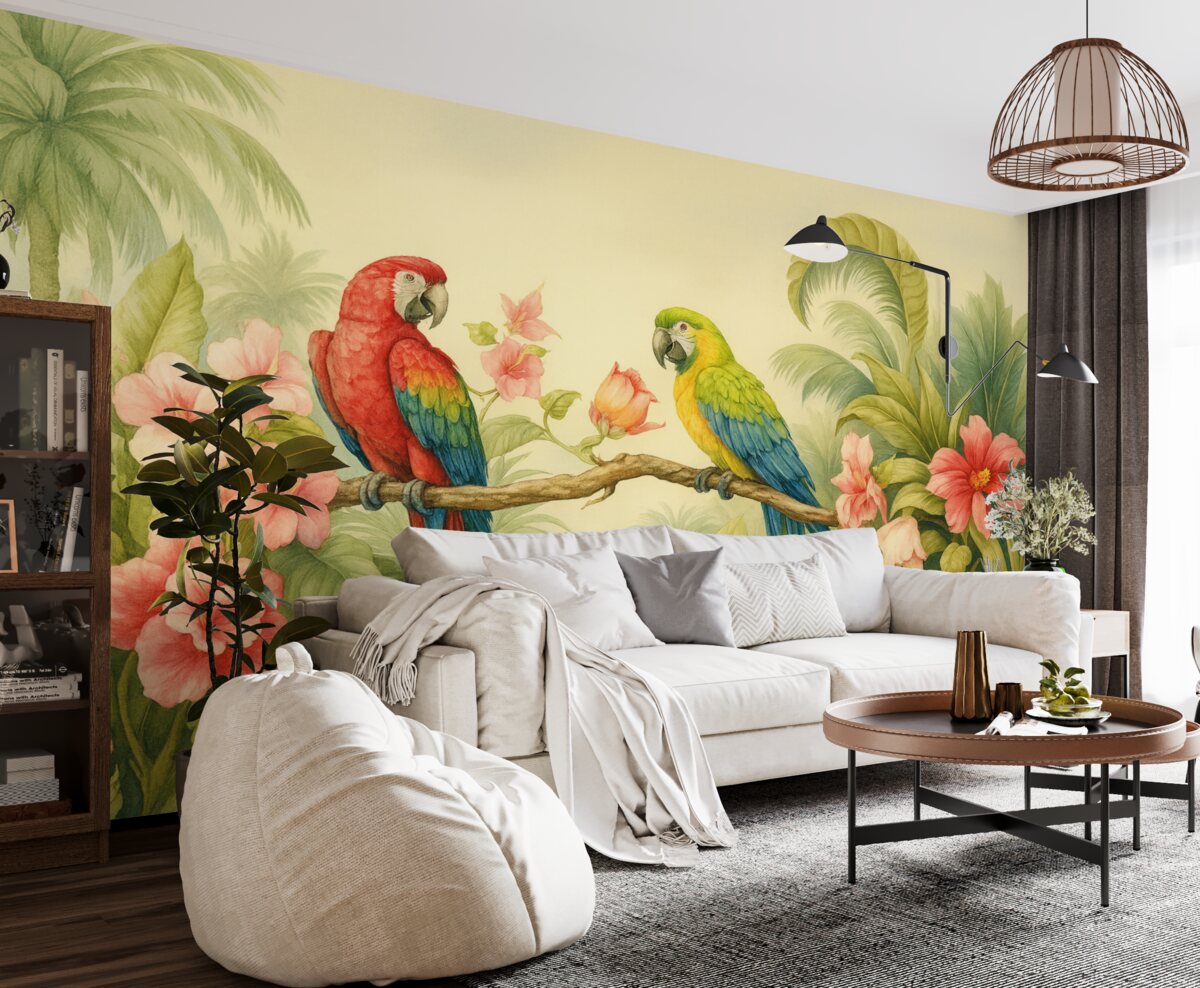 Fototapeta Dwa papugi w tropikalnych krzewach.