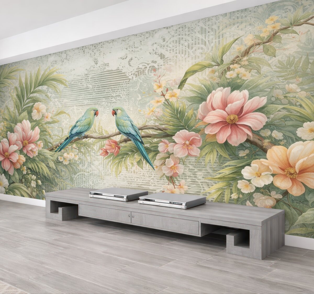 Fototapeta Papugi w tropikalnych krzewach.