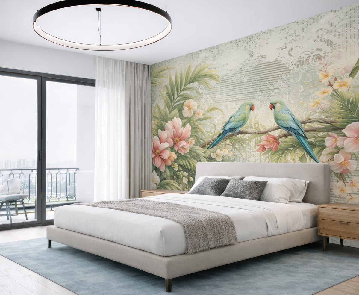 Fototapeta Papugi w tropikalnych krzewach.