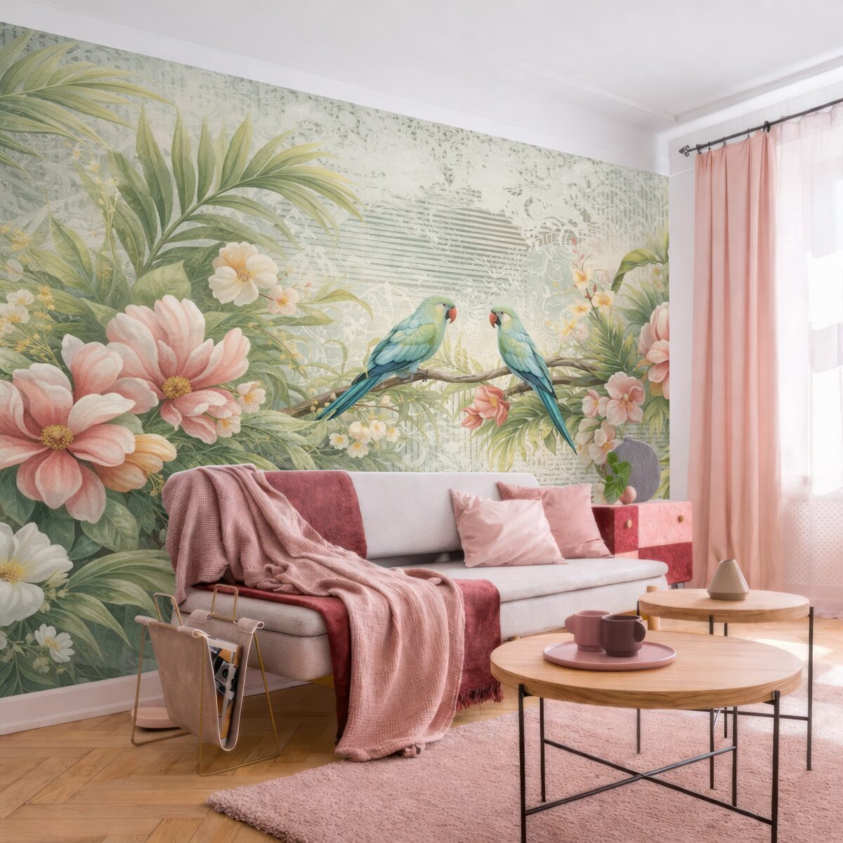 Fototapeta Papugi w tropikalnych krzewach.