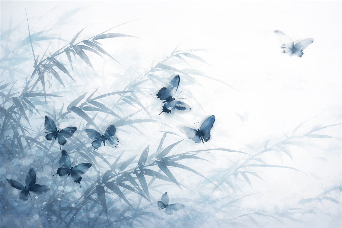 Fototapeta Liście i łodygi bambusa o teksturowanej powierzchni z fruwającymi niebieskimi motylami z przezroczystymi skrzydłami.