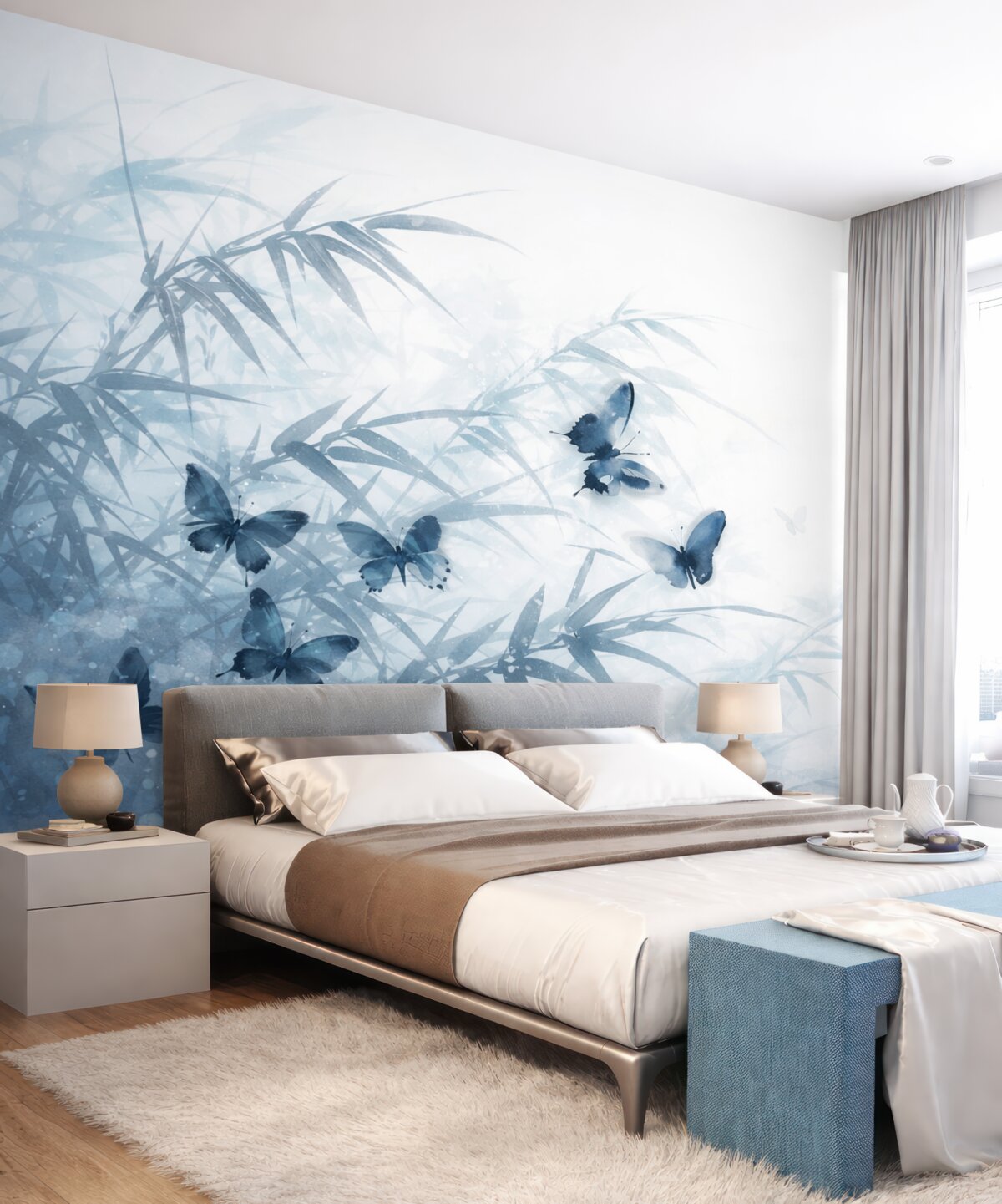 Fototapeta Liście i łodygi bambusa o teksturowanej powierzchni z fruwającymi niebieskimi motylami z przezroczystymi skrzydłami.