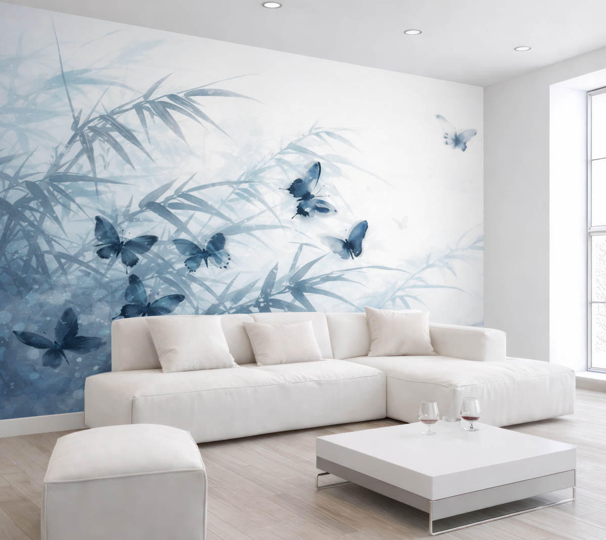 Fototapeta Liście i łodygi bambusa o teksturowanej powierzchni z fruwającymi niebieskimi motylami z przezroczystymi skrzydłami.