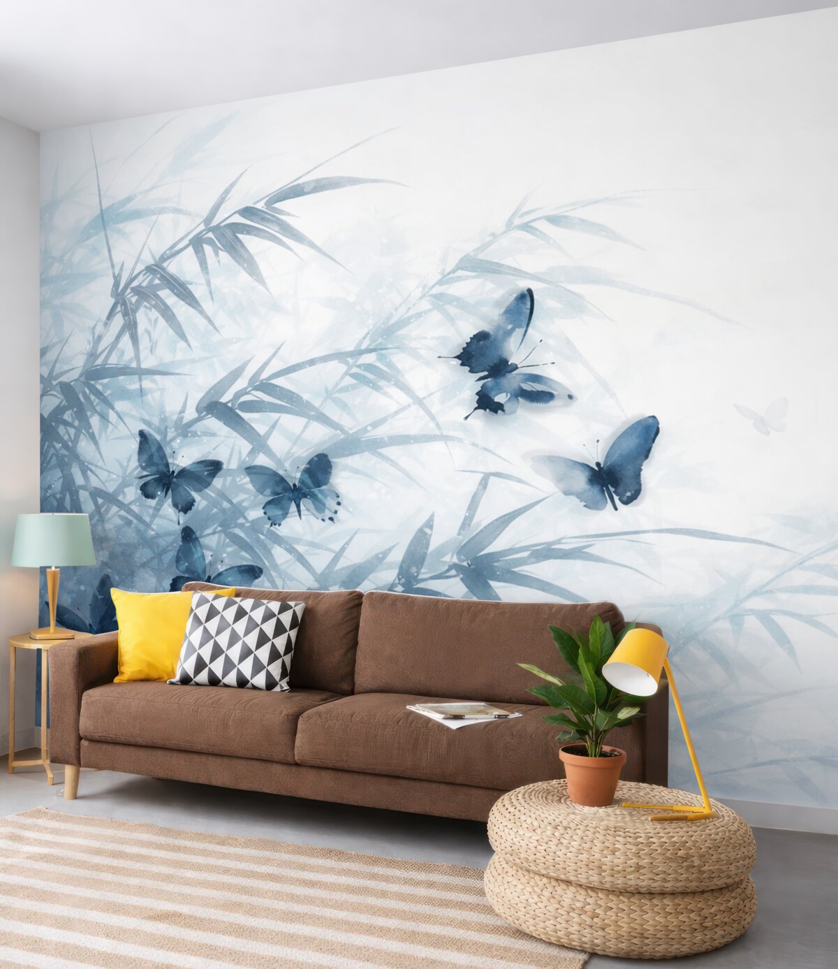 Fototapeta Liście i łodygi bambusa o teksturowanej powierzchni z fruwającymi niebieskimi motylami z przezroczystymi skrzydłami.