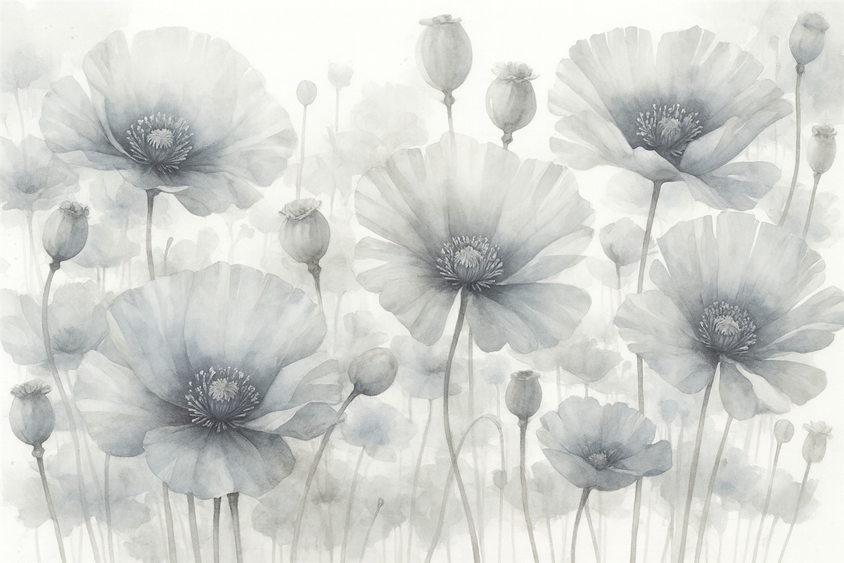 Fototapeta Subtelne teksturowane szare i białe kwiaty w stylu grunge z delikatnymi, rozmytymi płatkami na jasnym tle.