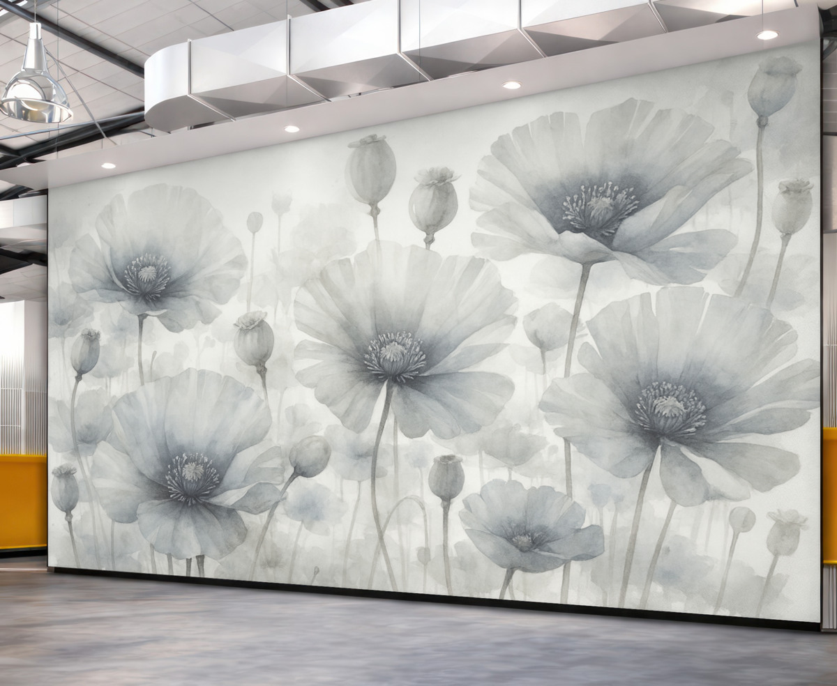 Fototapeta Subtelne teksturowane szare i białe kwiaty w stylu grunge z delikatnymi, rozmytymi płatkami na jasnym tle.