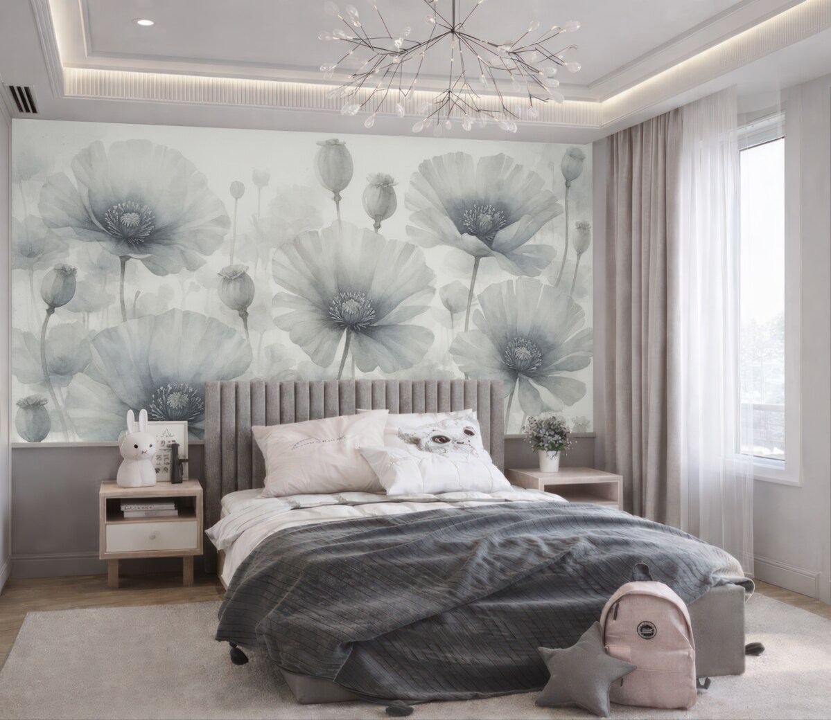 Fototapeta Subtelne teksturowane szare i białe kwiaty w stylu grunge z delikatnymi, rozmytymi płatkami na jasnym tle.