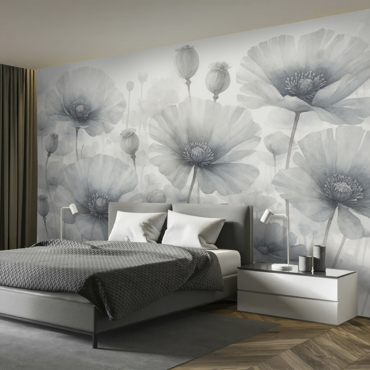 Fototapeta Subtelne teksturowane szare i białe kwiaty w stylu grunge z delikatnymi, rozmytymi płatkami na jasnym tle.