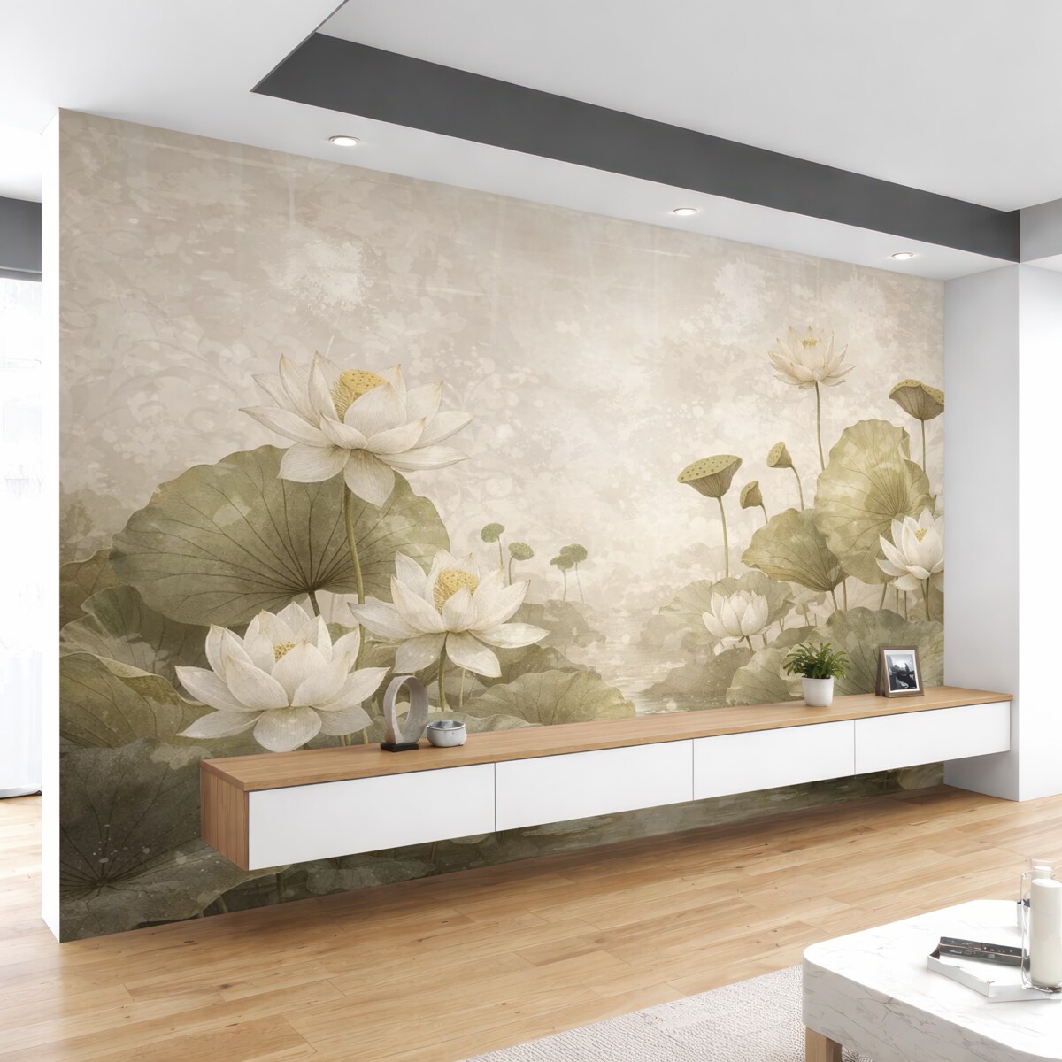 Fototapeta Łąka białych kwiatów lotosu z dużymi zielonymi liśćmi na delikatnym, zamglonym, teksturowanym beżowym tle.