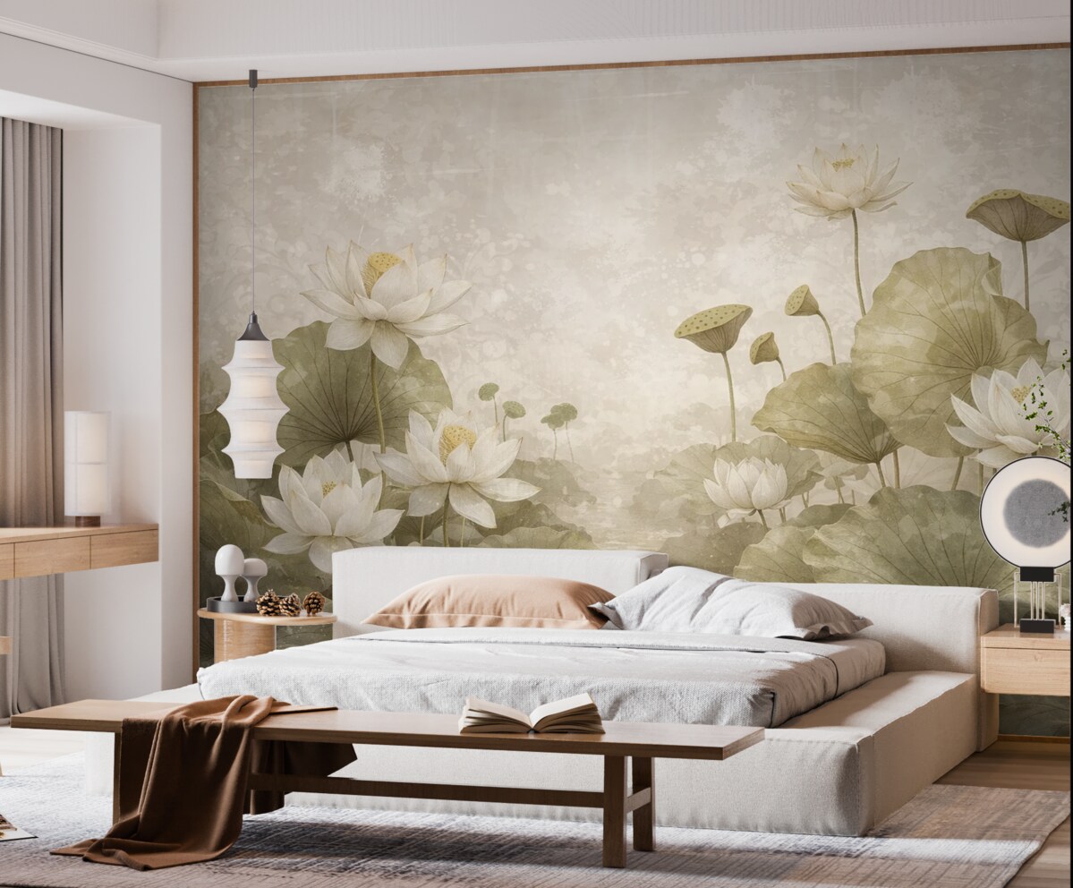 Fototapeta Łąka białych kwiatów lotosu z dużymi zielonymi liśćmi na delikatnym, zamglonym, teksturowanym beżowym tle.