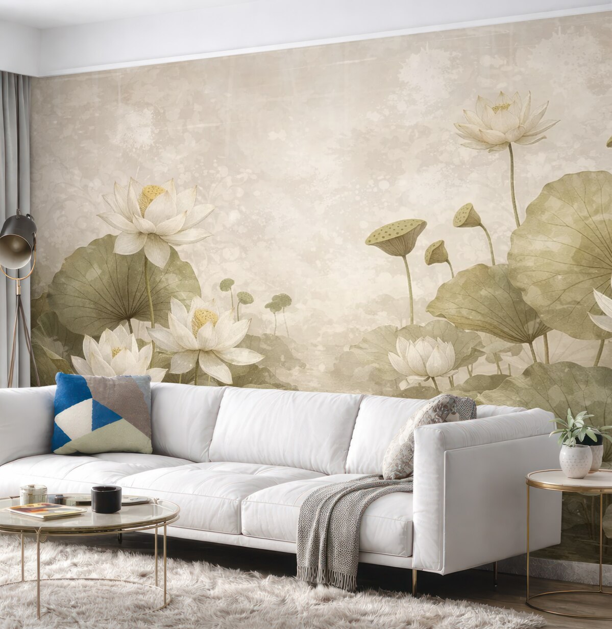 Fototapeta Łąka białych kwiatów lotosu z dużymi zielonymi liśćmi na delikatnym, zamglonym, teksturowanym beżowym tle.